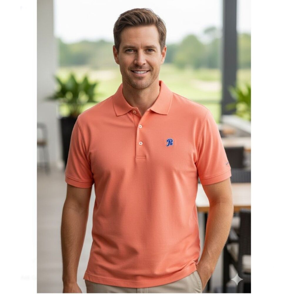 Peter Millar Polo Golf Shirt Tangerine Orange Embroidered Mens Size L